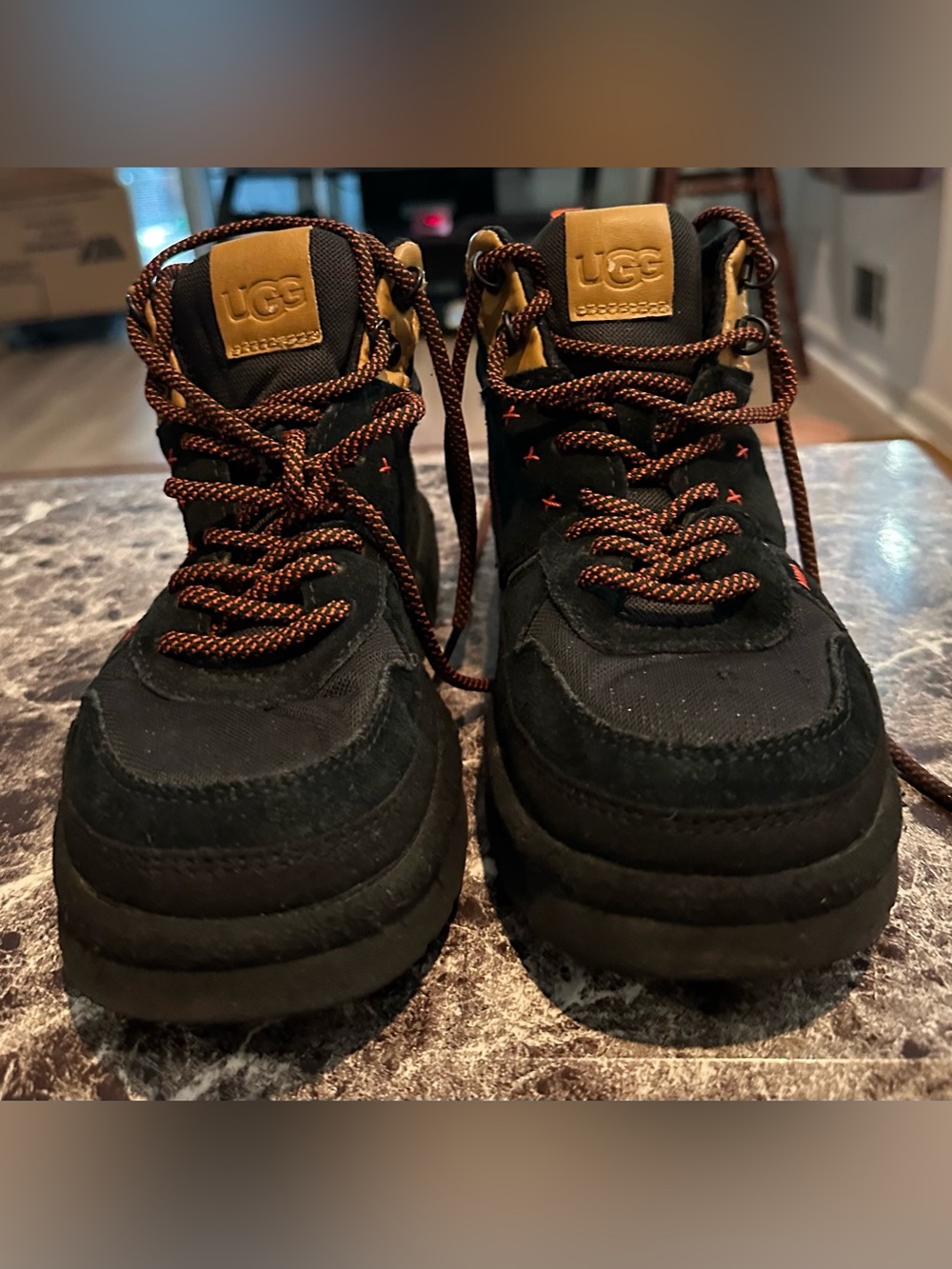 UGG Black and Tan Lace-Up Boots with Red trim
